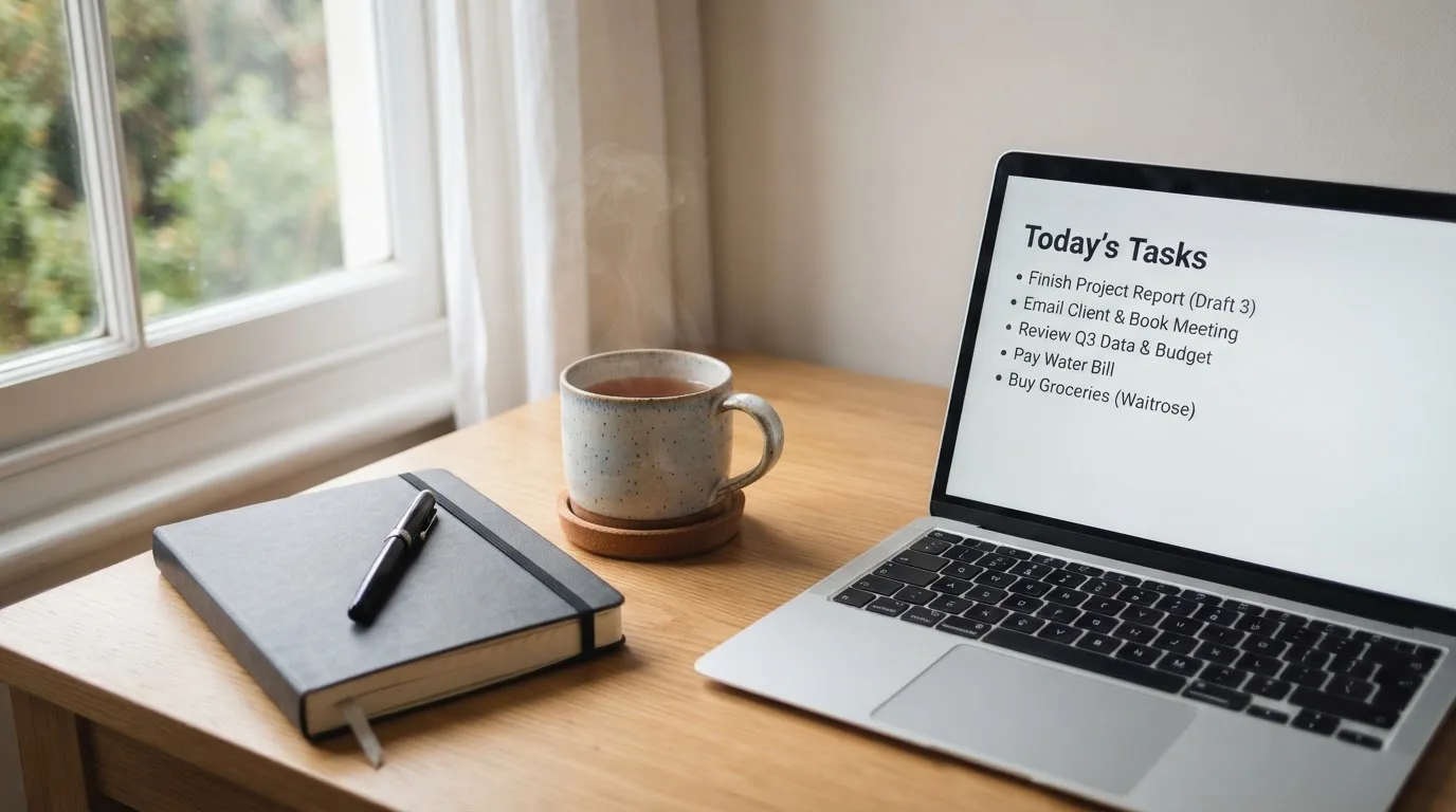 A tidy desk with a notebook, a mug of tea and a laptop open to a checklist, morning light through a window.