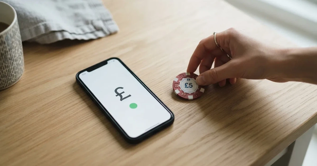 A hand places a £1 coin next to a smartphone showing a bank transfer confirmation screen on a kitchen table.