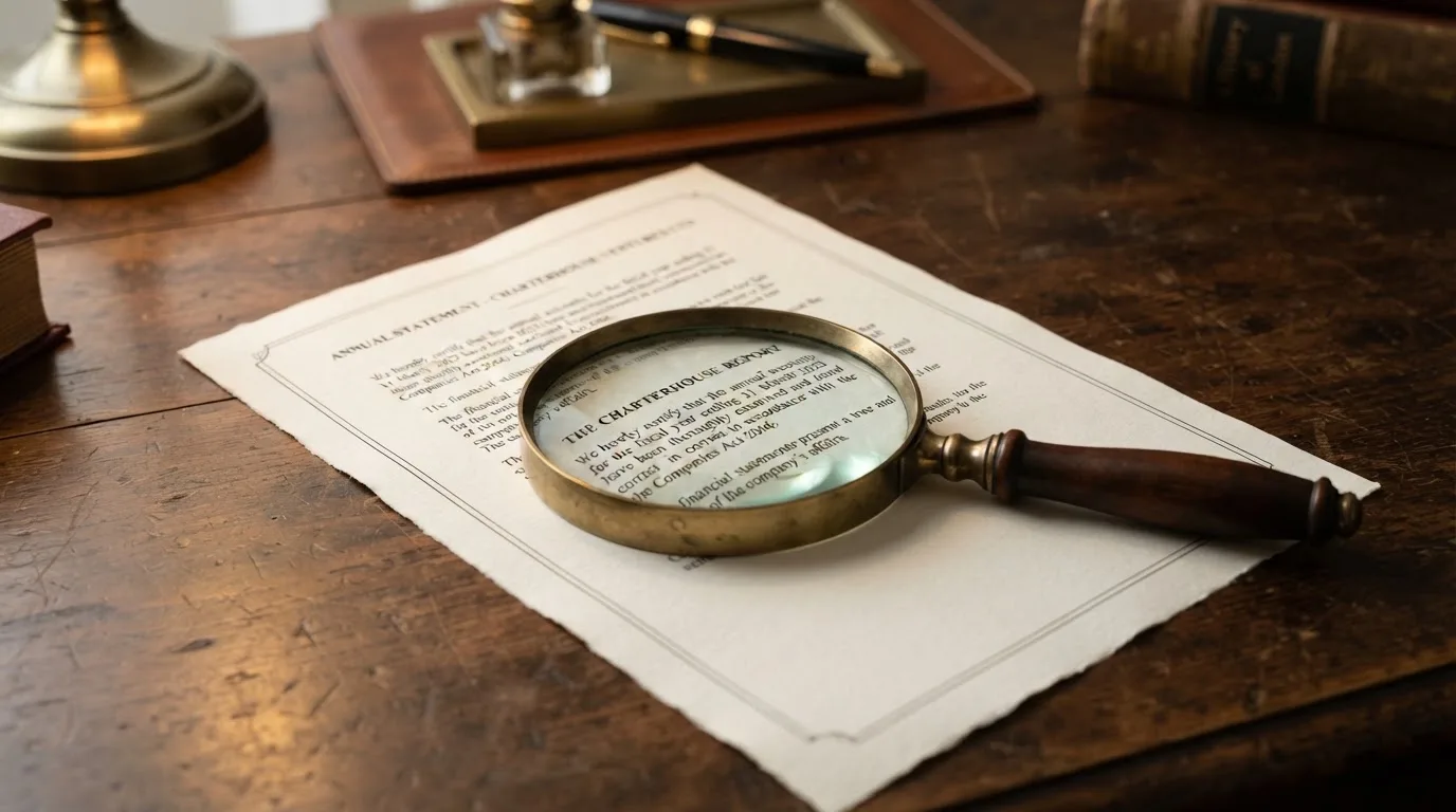 A magnifying glass rests over a printed regulatory certificate on a wooden desk.
