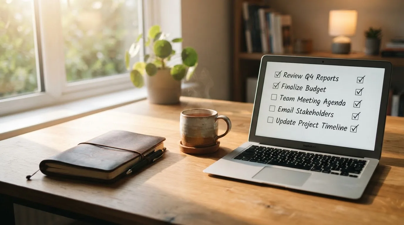A tidy desk with a notebook, a mug of tea and a laptop open to a checklist, morning light through a window.