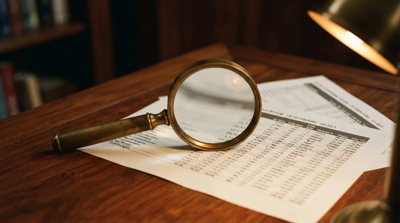 A magnifying glass rests over a printed regulatory certificate on a wooden desk.
