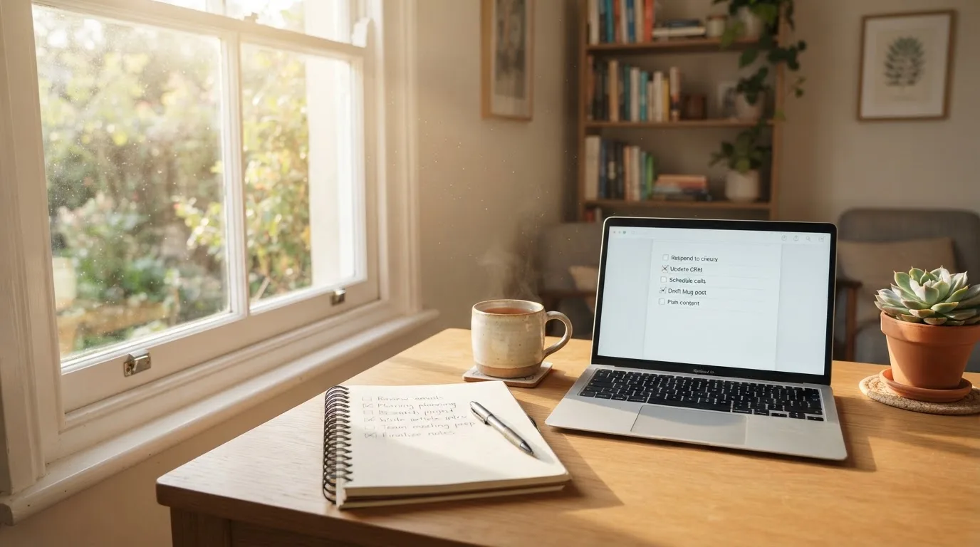 A tidy desk with a notebook, a mug of tea and a laptop open to a checklist, morning light through a window.