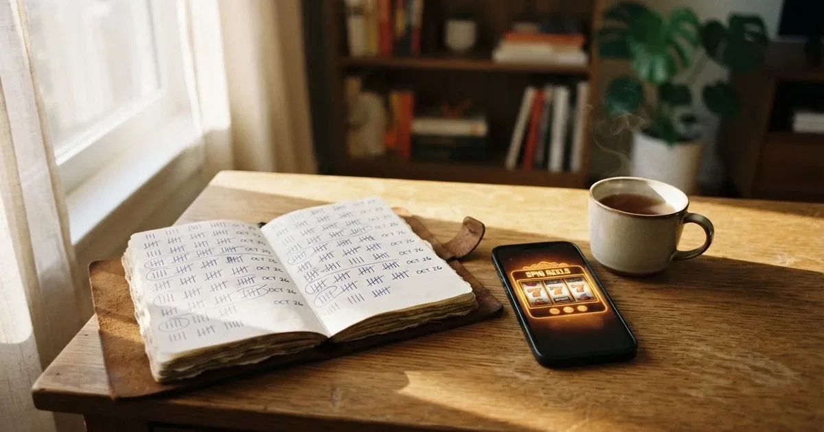 A notepad with a tally of spin counts rests beside a smartphone displaying a slot-reel icon on a desk.