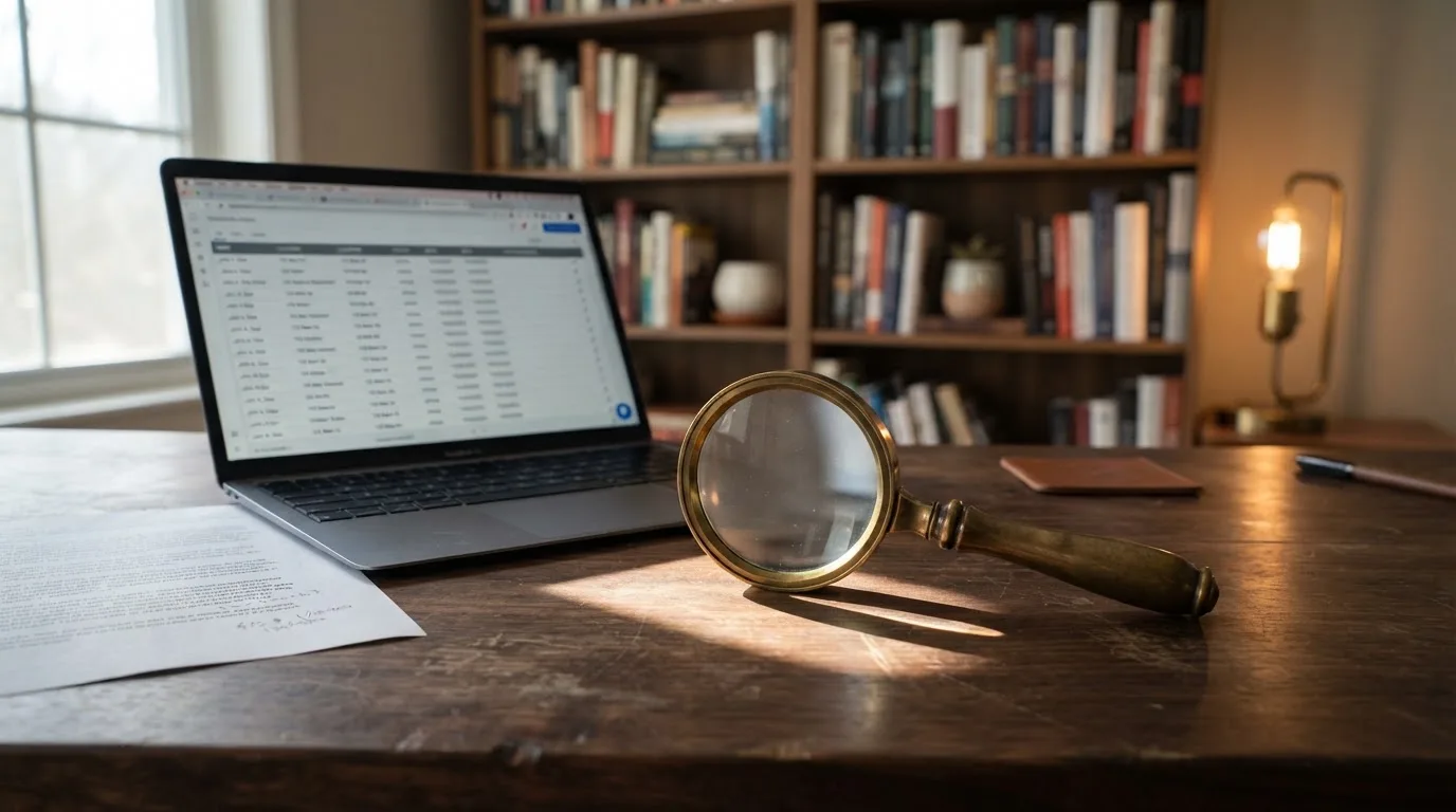 A magnifying glass rests over a printed regulatory certificate on a wooden desk.