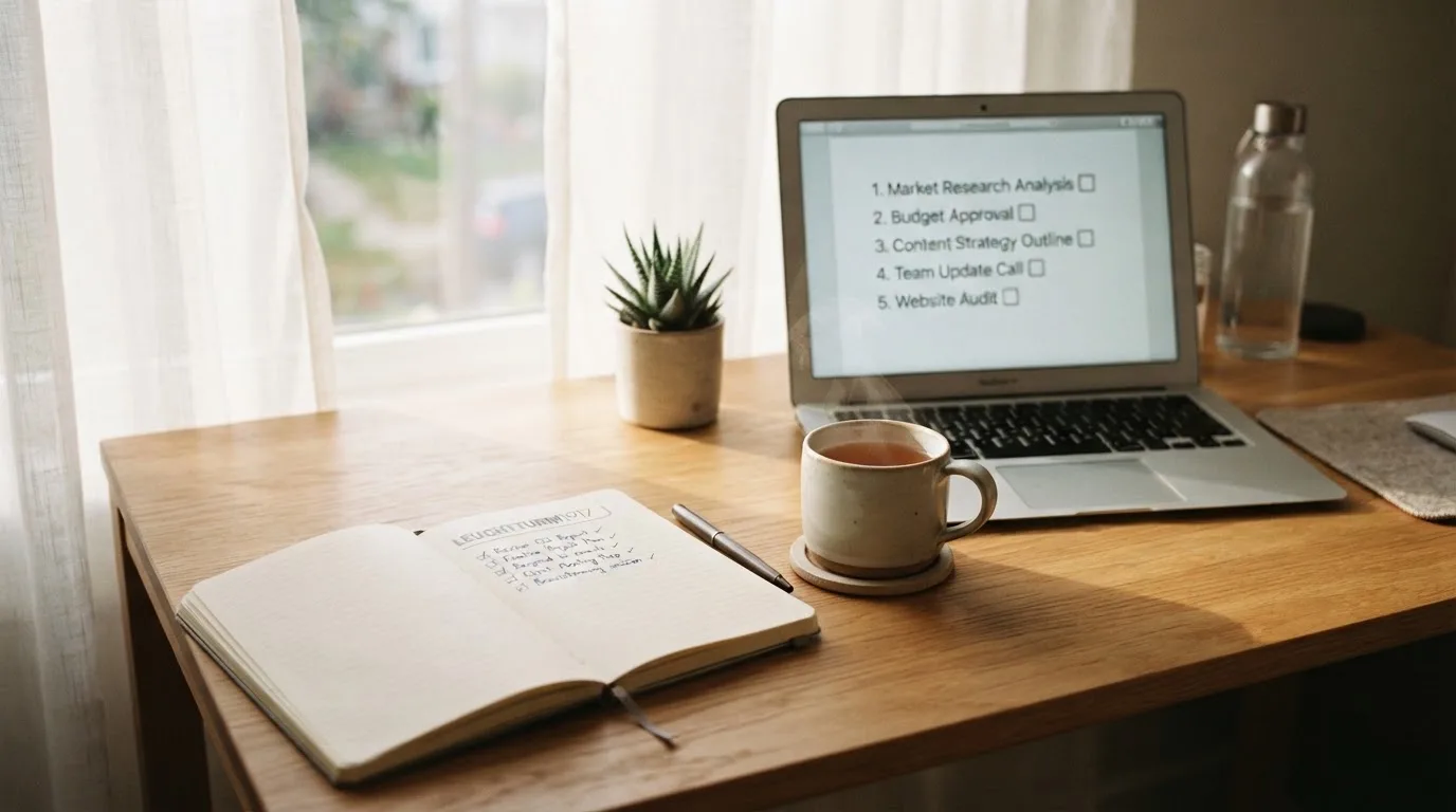 A tidy desk with a notebook, a mug of tea and a laptop open to a checklist, morning light through a window.
