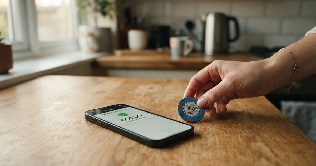 A hand places a £2 coin next to a smartphone showing a bank transfer confirmation screen on a kitchen table.