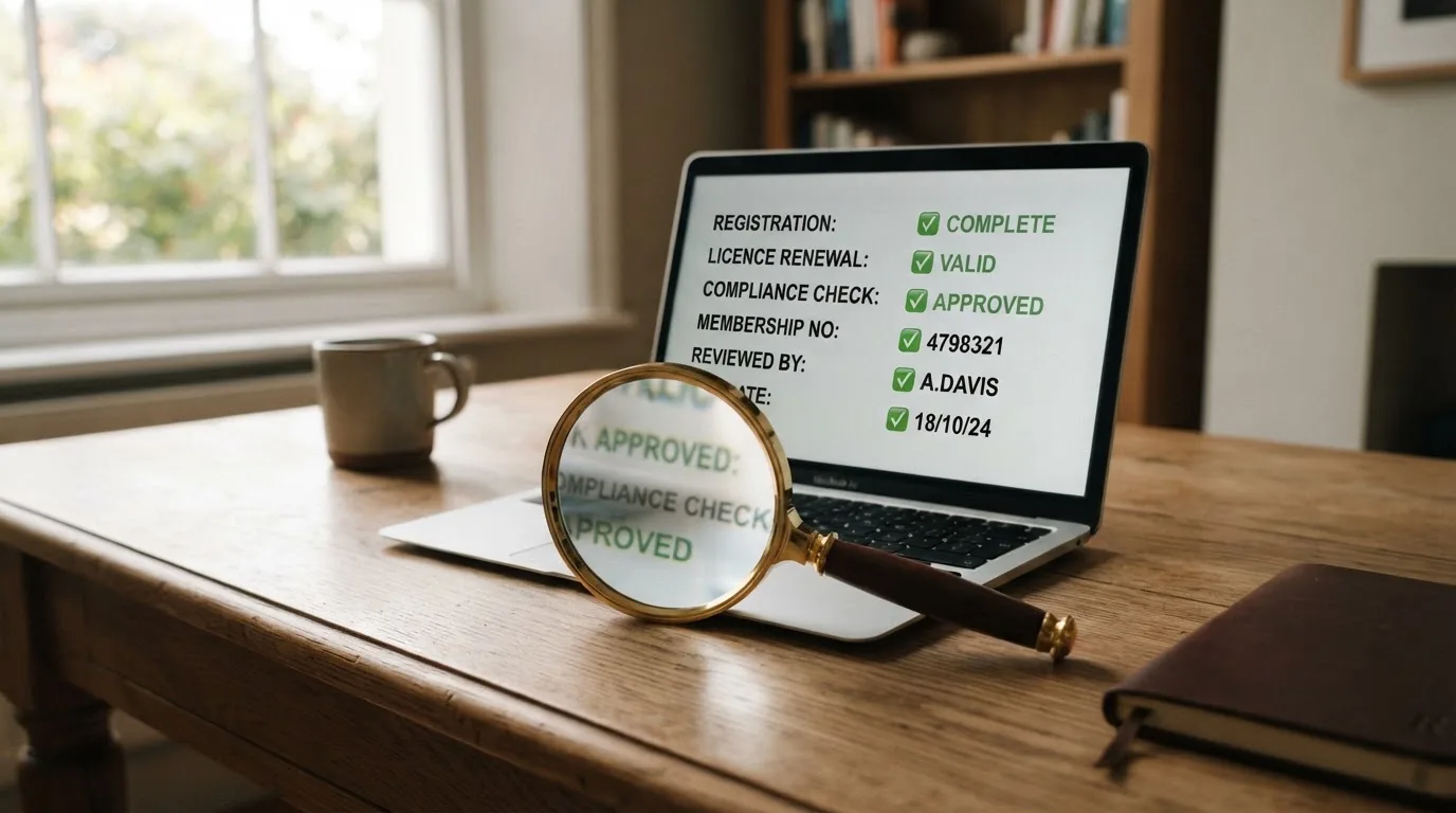 A magnifying glass rests over a printed regulatory certificate on a wooden desk.