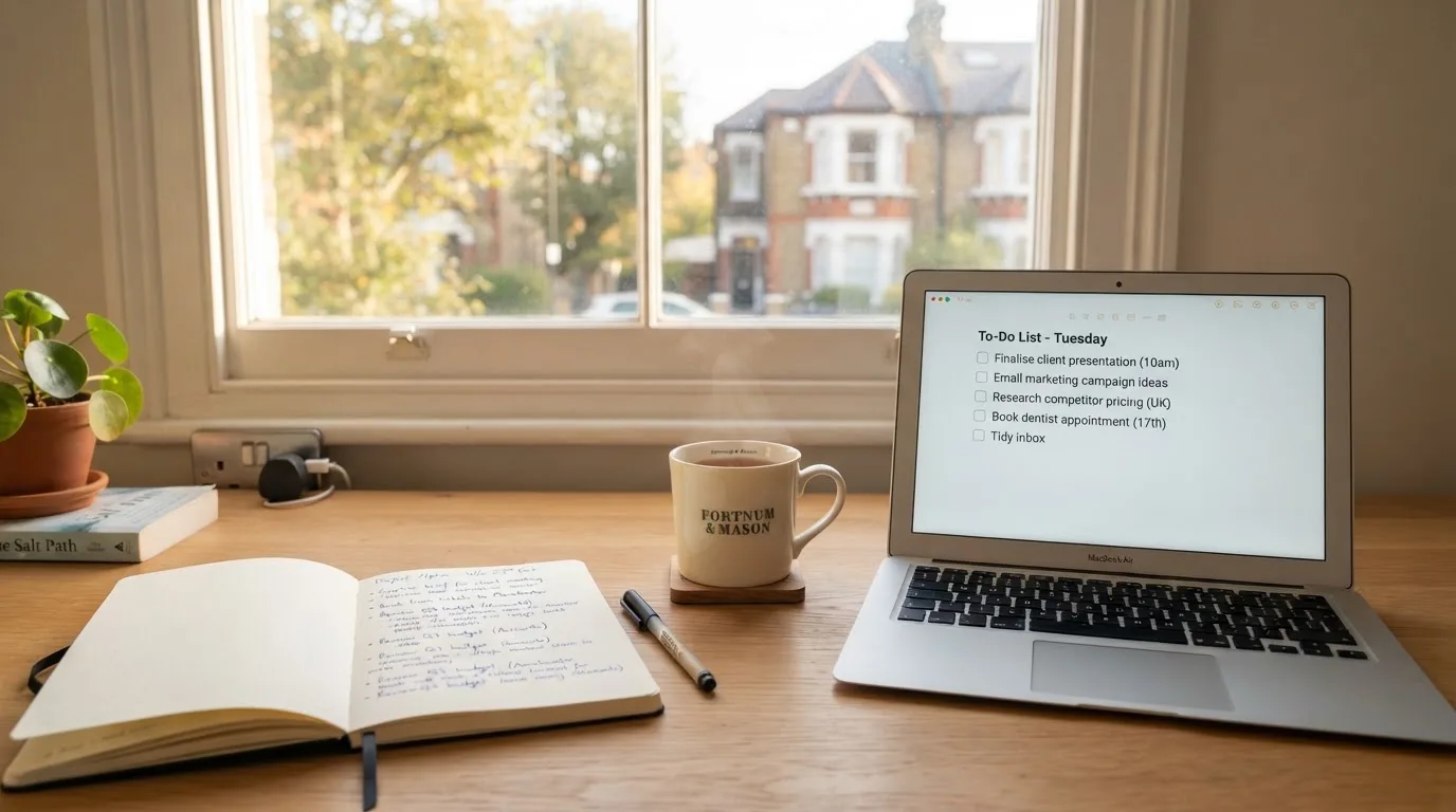 A tidy desk with a notebook, a mug of tea and a laptop open to a checklist, morning light through a window.
