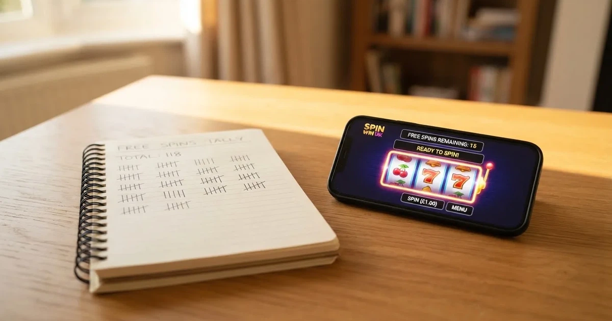 A notepad with a tally of spin counts rests beside a smartphone displaying a slot-reel icon on a desk.