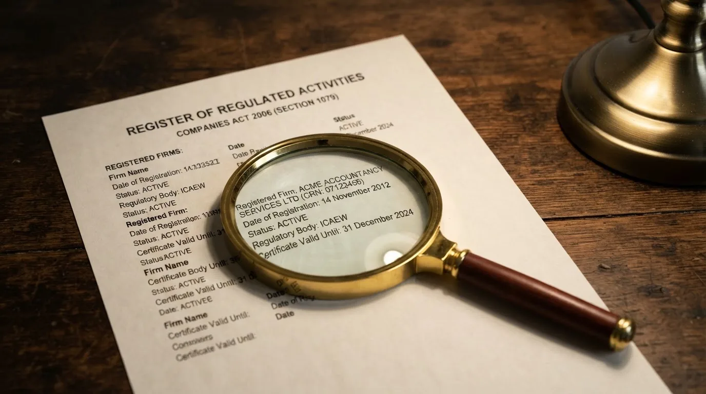 A magnifying glass rests over a printed regulatory certificate on a wooden desk.