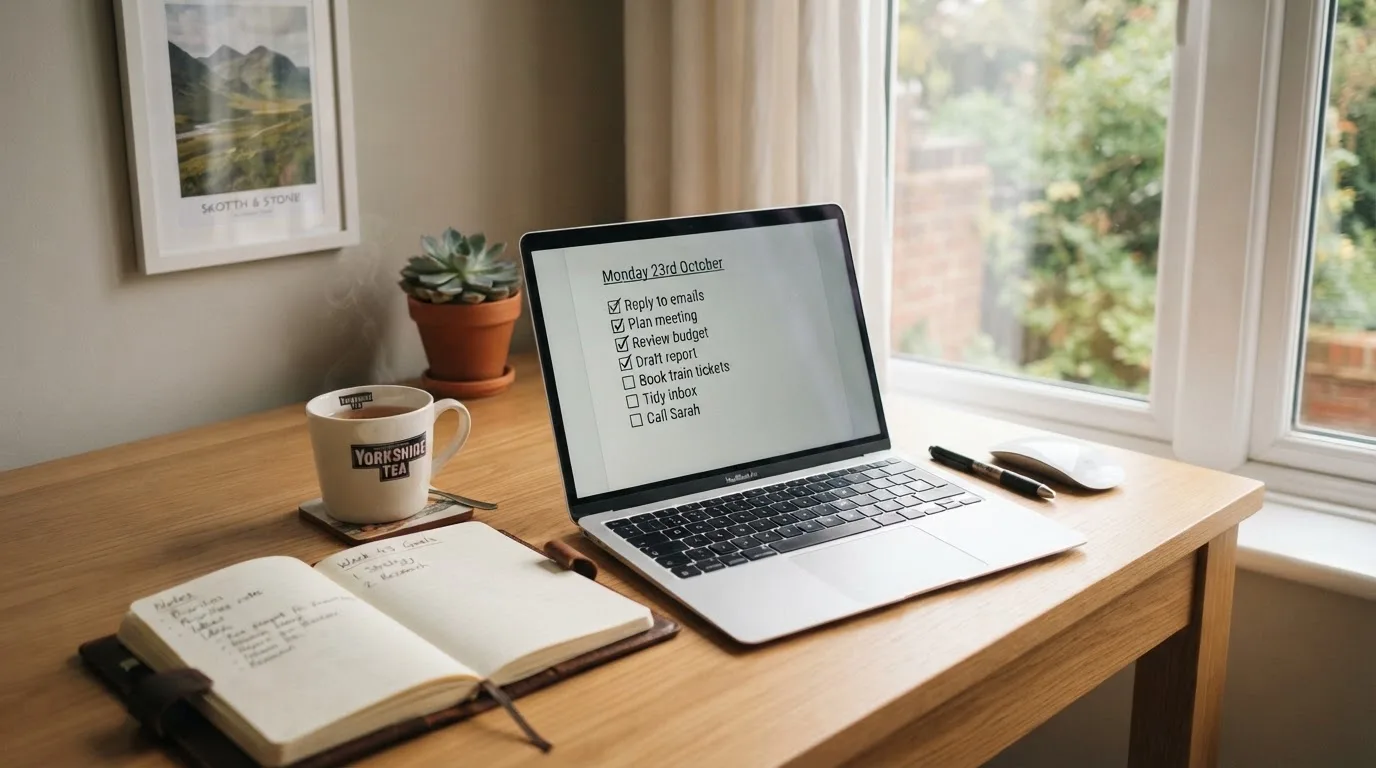 A tidy desk with a notebook, a mug of tea and a laptop open to a checklist, morning light through a window.