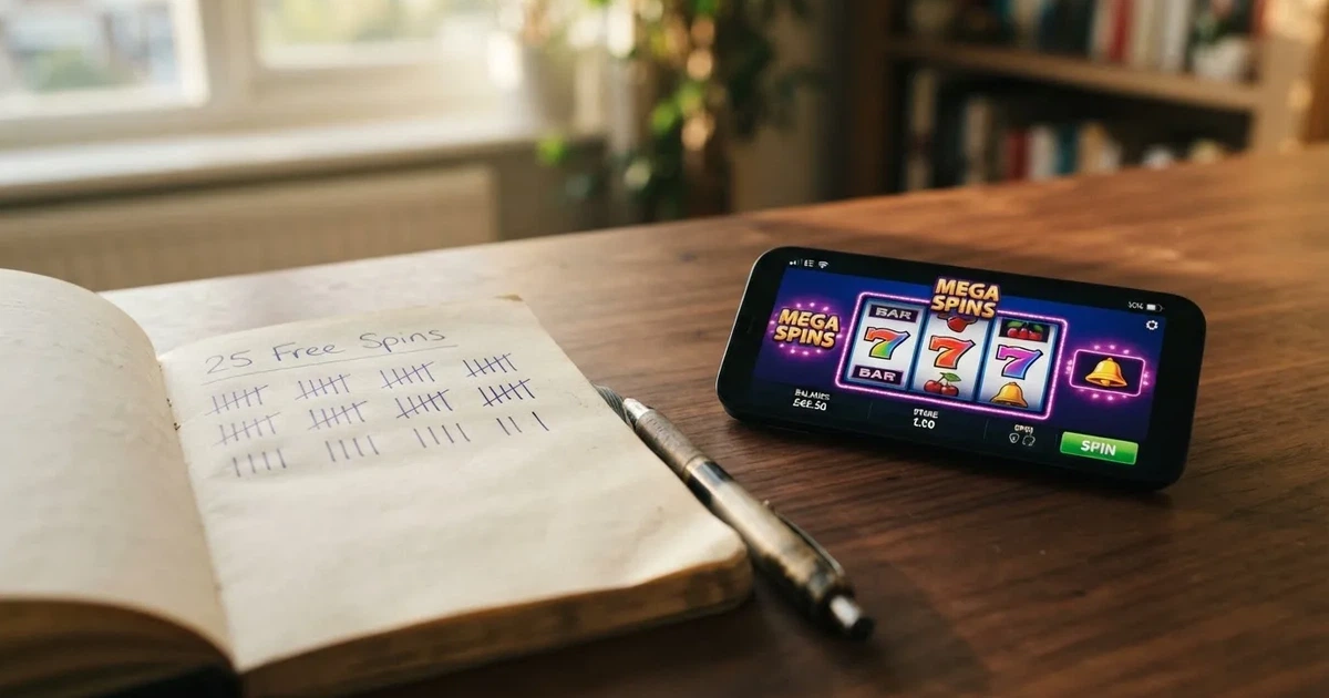 A notepad with a tally of spin counts rests beside a smartphone displaying a slot-reel icon on a desk.