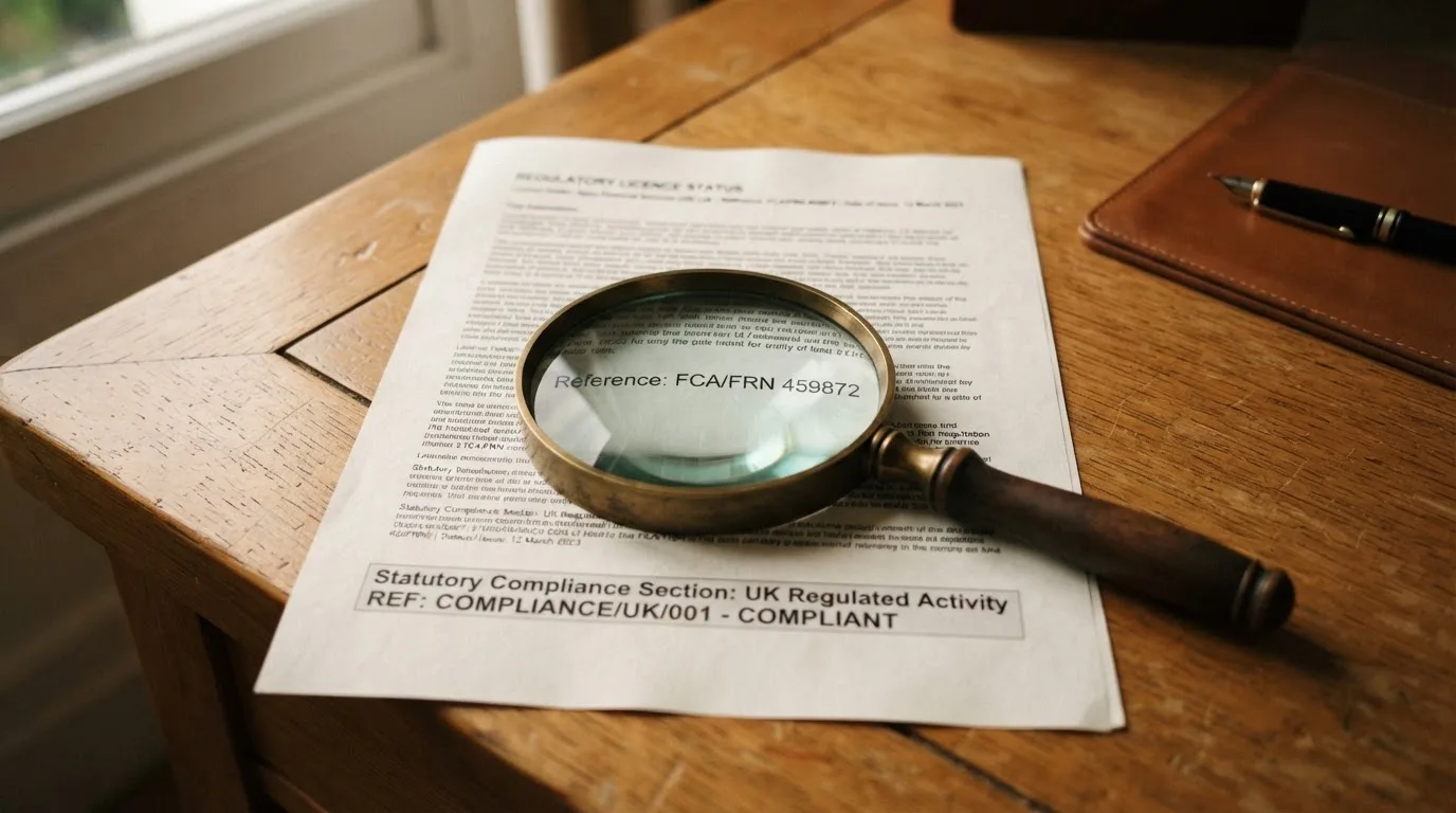 A magnifying glass rests over a printed regulatory certificate on a wooden desk.