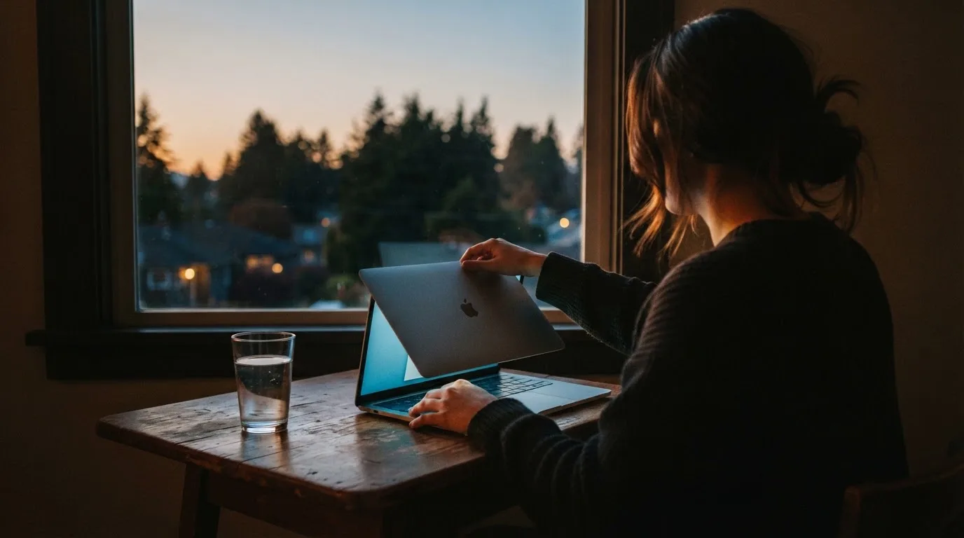 A person closes a laptop and looks out of a window at dusk, a glass of water on the table beside them.