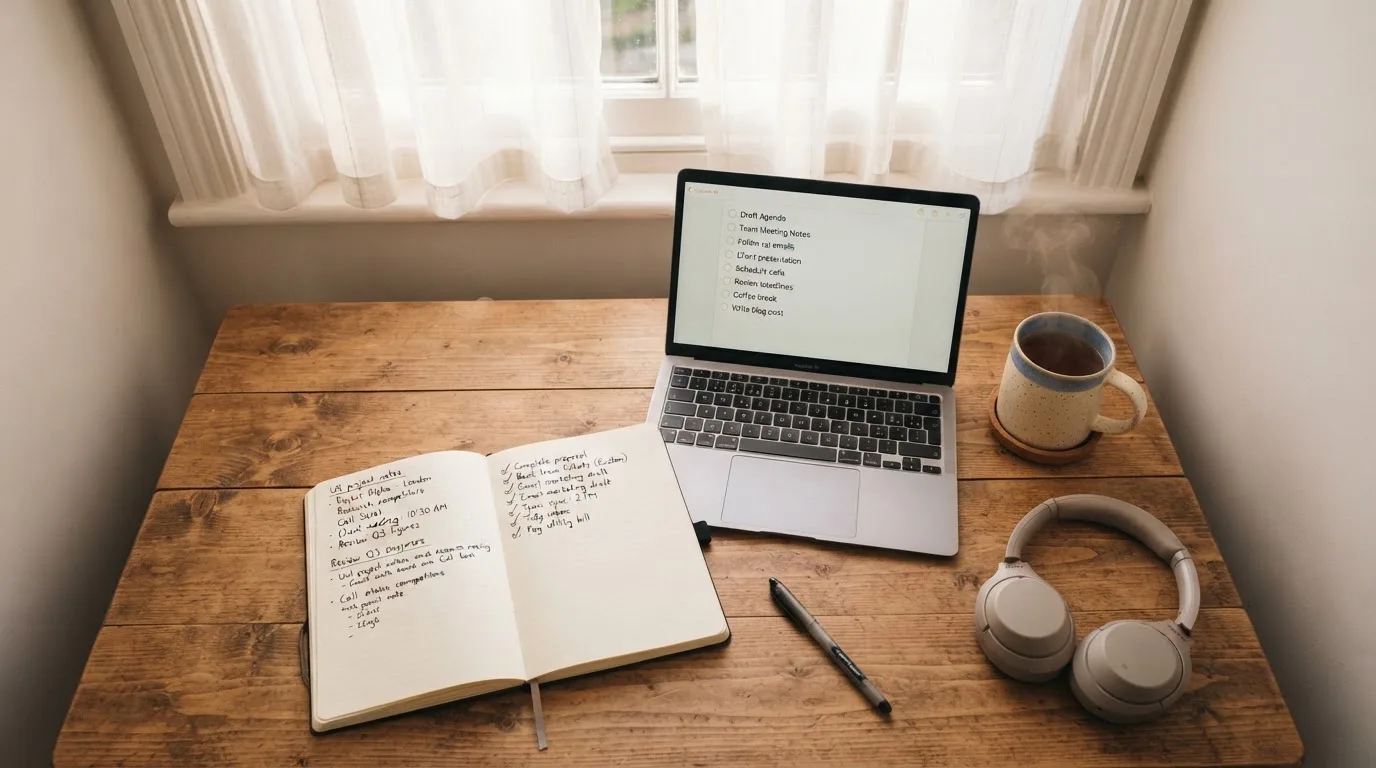 A tidy desk with a notebook, a mug of tea and a laptop open to a checklist, morning light through a window.