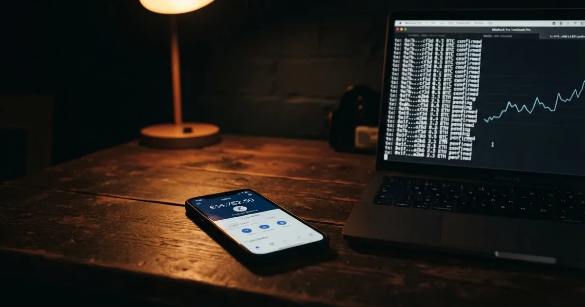 A smartphone displays a digital wallet balance next to a laptop showing scrolling transaction data in a dim room.