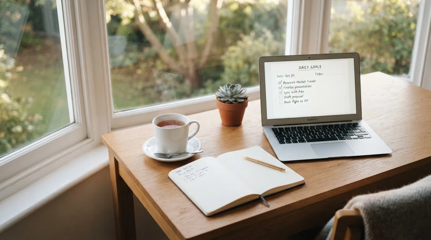 A tidy desk with a notebook, a mug of tea and a laptop open to a checklist, morning light through a window.