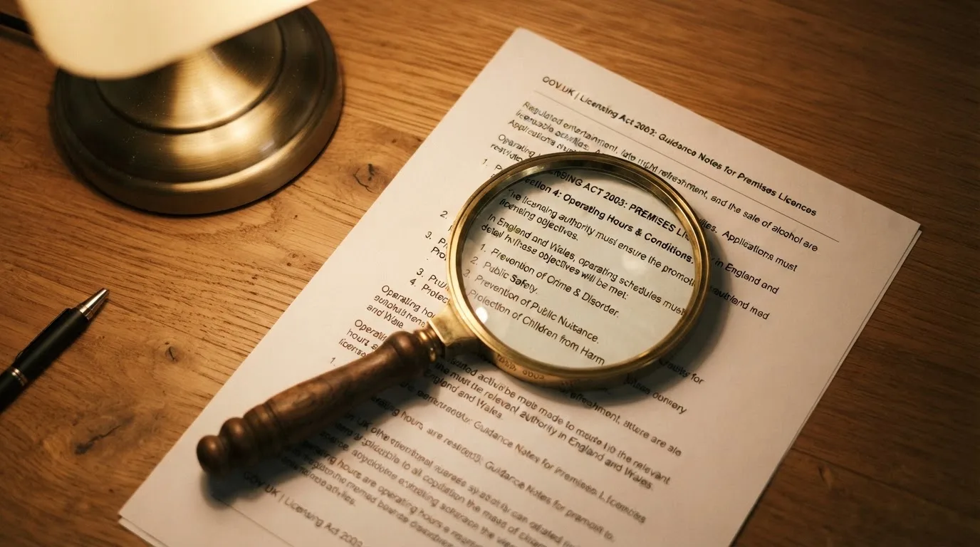 A magnifying glass rests over a printed regulatory certificate on a wooden desk.