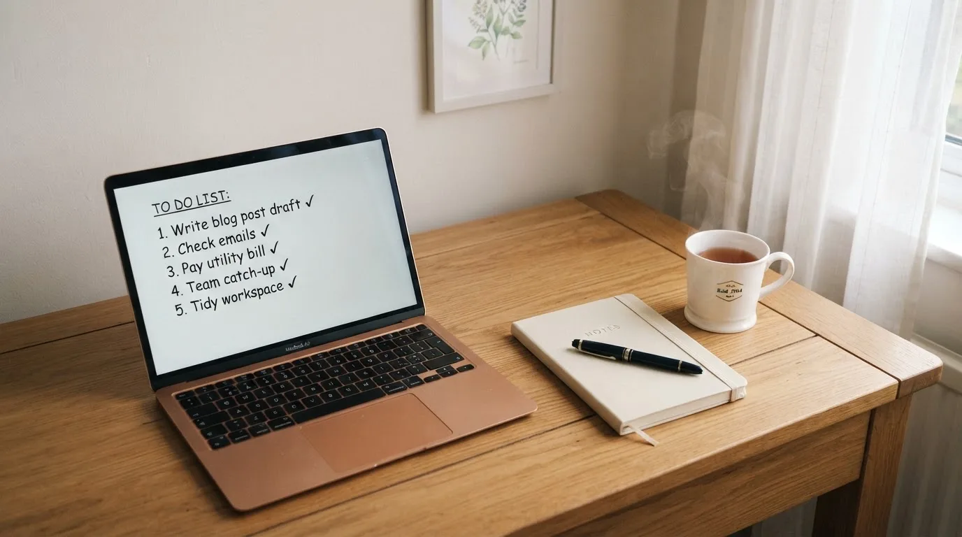 A tidy desk with a notebook, a mug of tea and a laptop open to a checklist, morning light through a window.