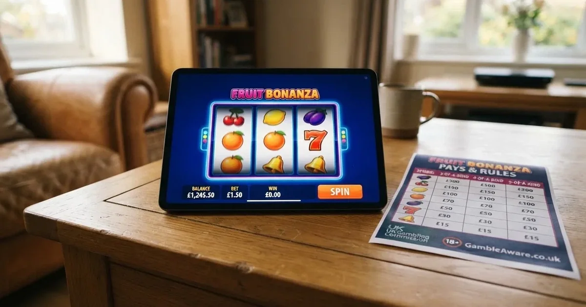 A tablet screen shows a simple three-reel slot layout with a payout chart beside it on a desk.