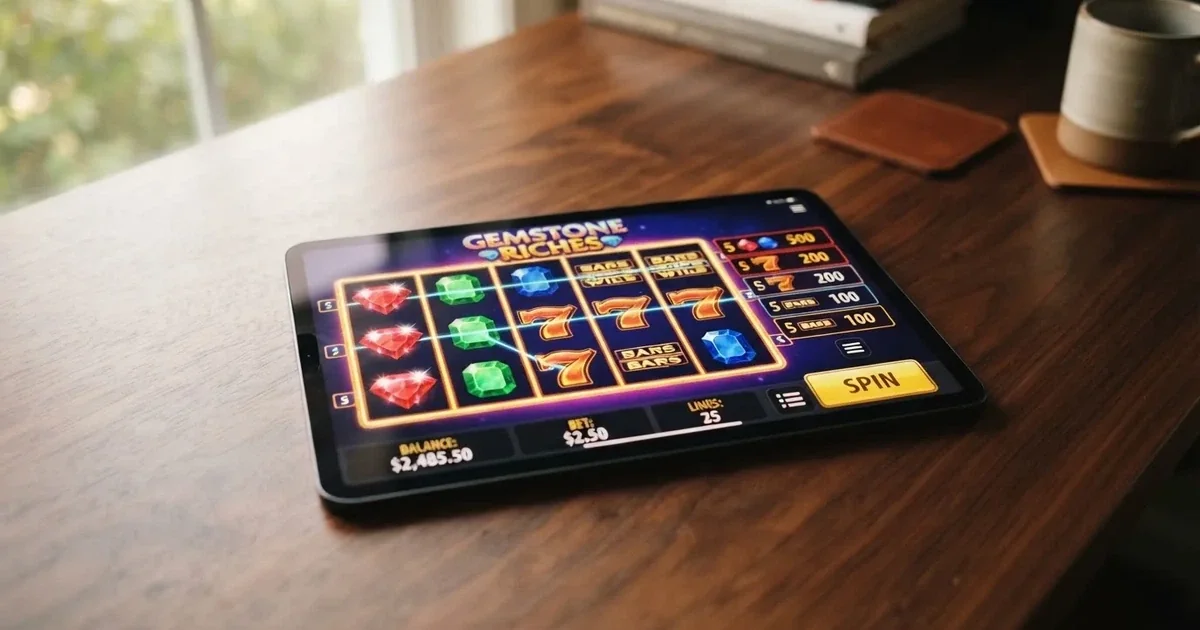 A tablet screen shows a five-reel slot grid with multiple paylines and a payout chart beside it on a desk.