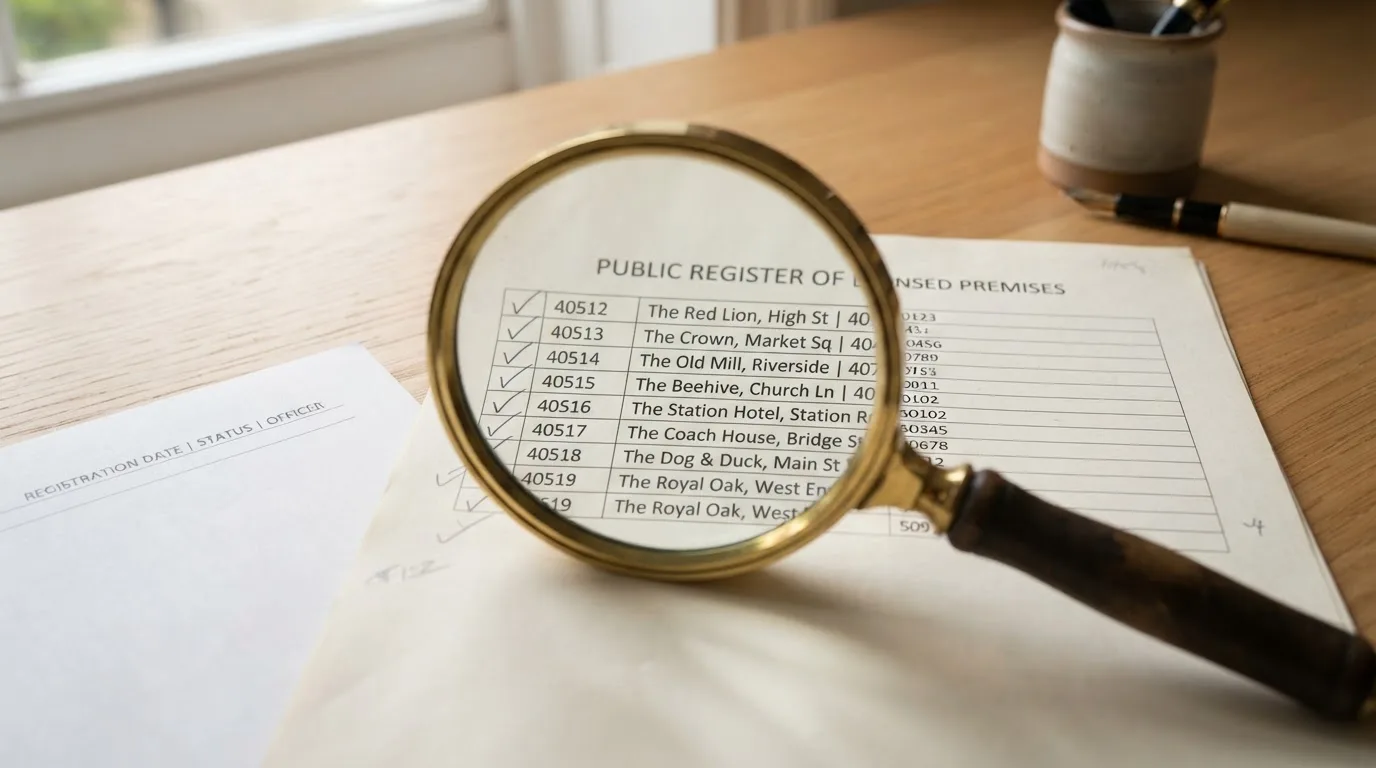A magnifying glass rests over a printed regulatory certificate on a wooden desk.