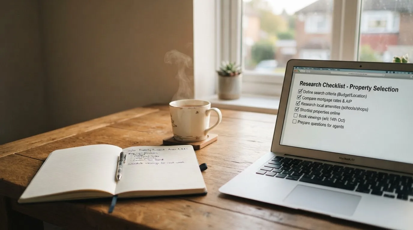 A tidy desk with a notebook, a mug of tea and a laptop open to a checklist, morning light through a window.