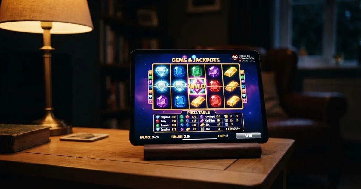 A tablet propped on a stand displays a grid of slot symbols and a payout chart in a dimly lit room.