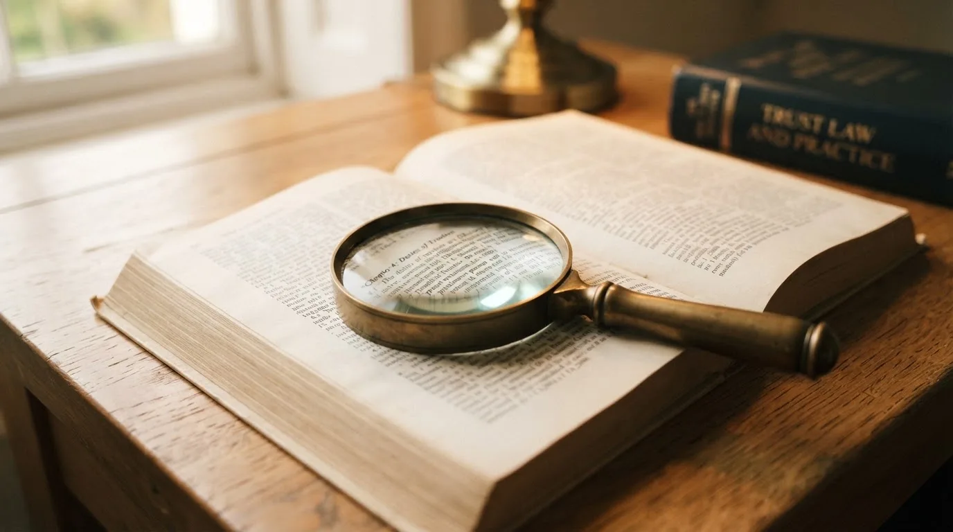 A magnifying glass rests over a printed regulatory certificate on a wooden desk.