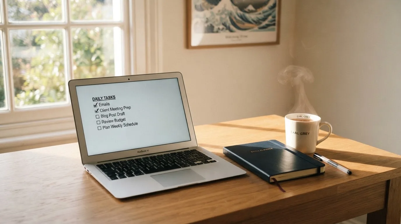 A tidy desk with a notebook, a mug of tea and a laptop open to a checklist, morning light through a window.