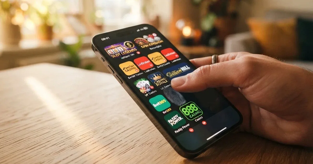 A close-up of a finger tapping a smartphone screen showing rows of casino-style app icons.