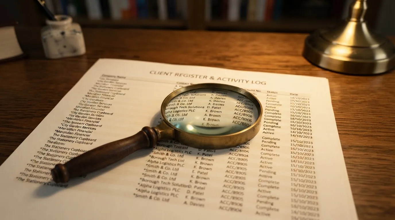 A magnifying glass rests over a printed regulatory certificate on a wooden desk.