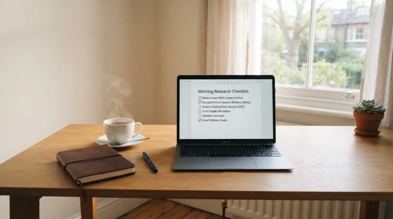 A tidy desk with a notebook, a mug of tea and a laptop open to a checklist, morning light through a window.