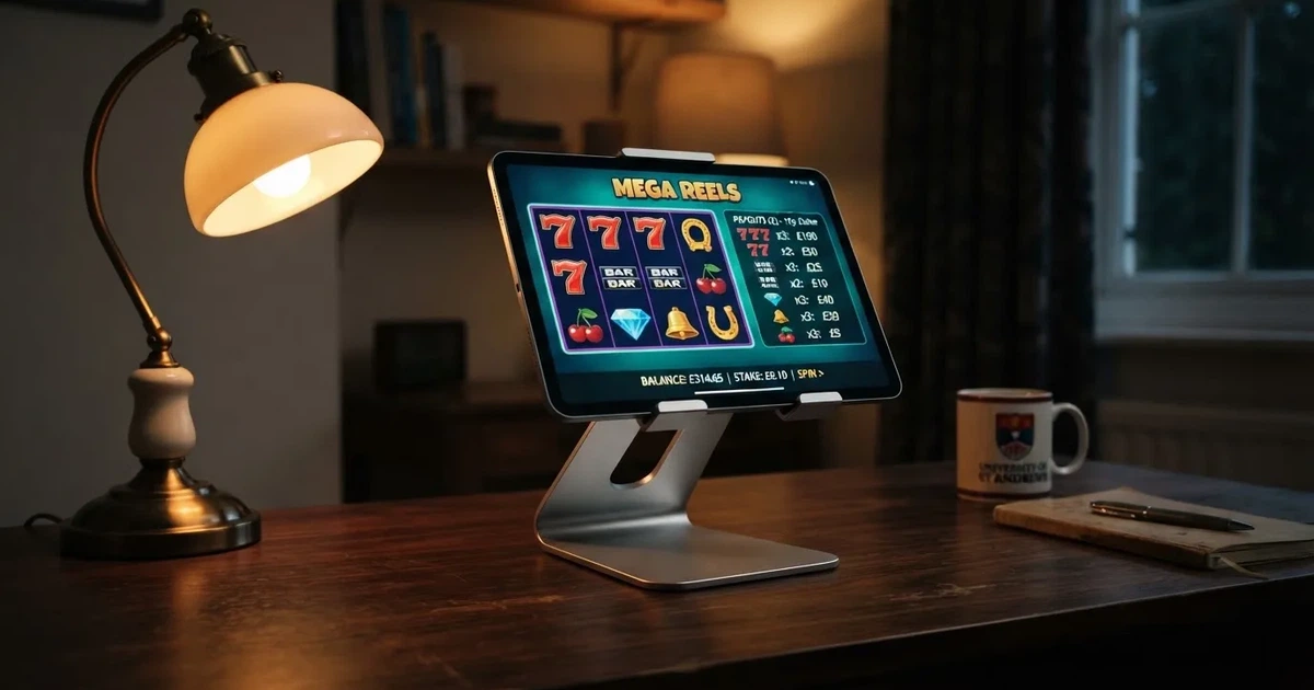 A tablet propped on a stand displays a grid of slot symbols and a payout chart in a dimly lit room.