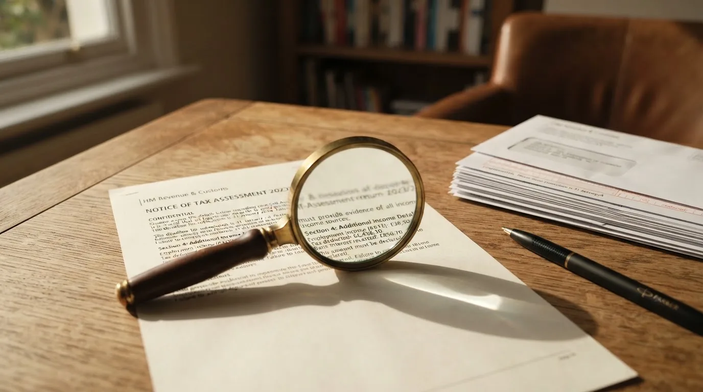 A magnifying glass rests over a printed regulatory certificate on a wooden desk.