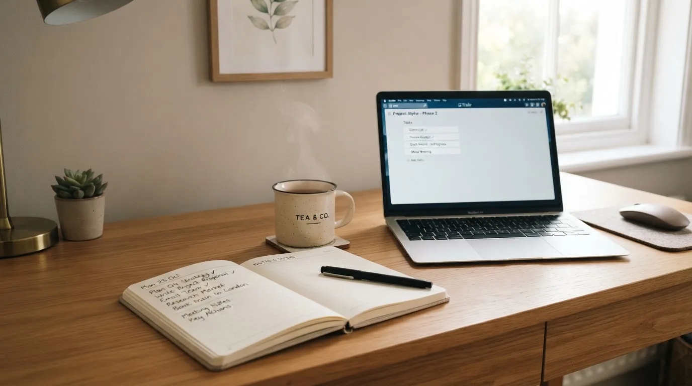 A tidy desk with a notebook, a mug of tea and a laptop open to a checklist, morning light through a window.