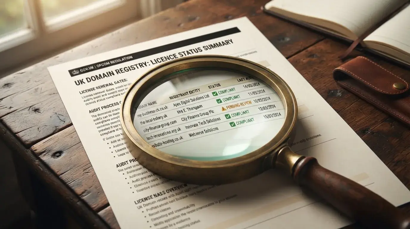A magnifying glass rests over a printed regulatory certificate on a wooden desk.