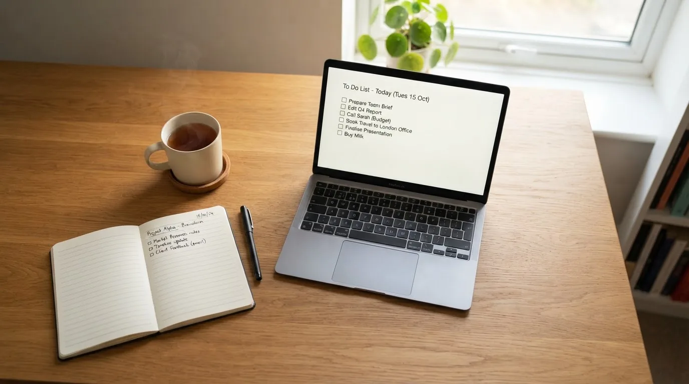 A tidy desk with a notebook, a mug of tea and a laptop open to a checklist, morning light through a window.