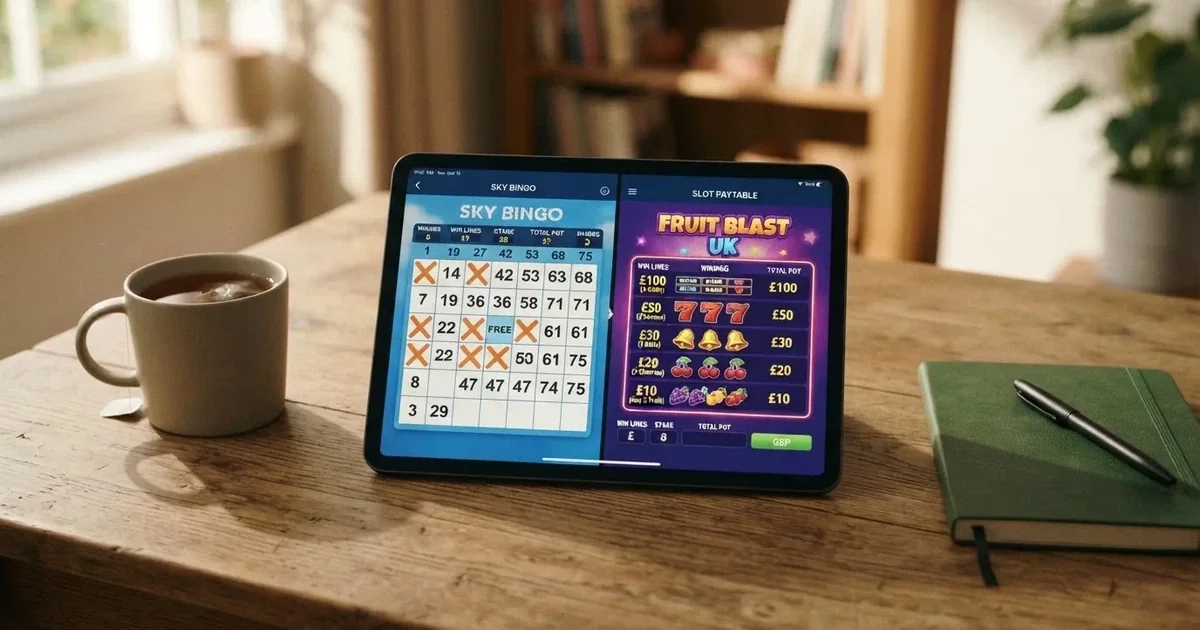 A tablet screen shows a bingo card next to a slot game paytable on a desk.