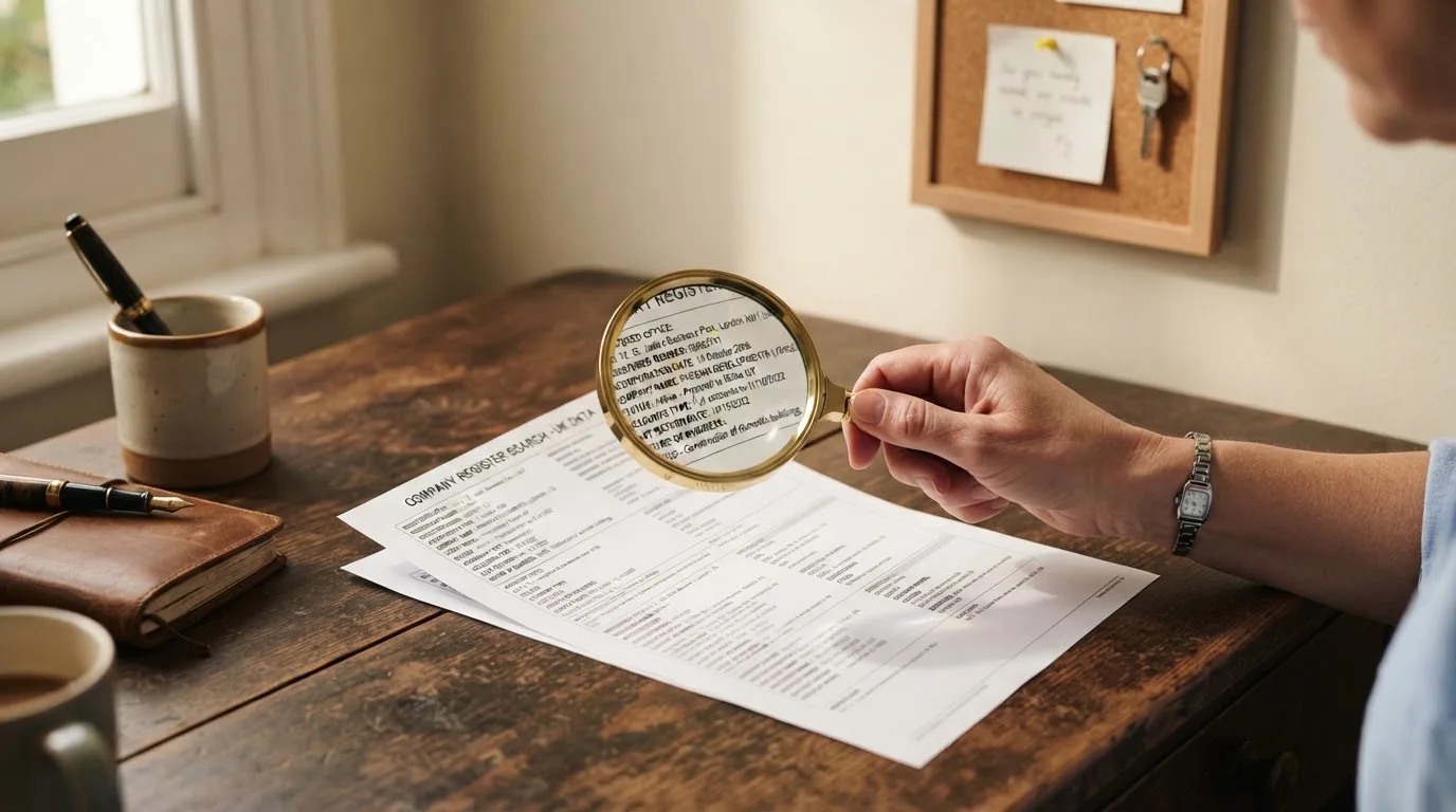 A magnifying glass rests over a printed regulatory certificate on a wooden desk.