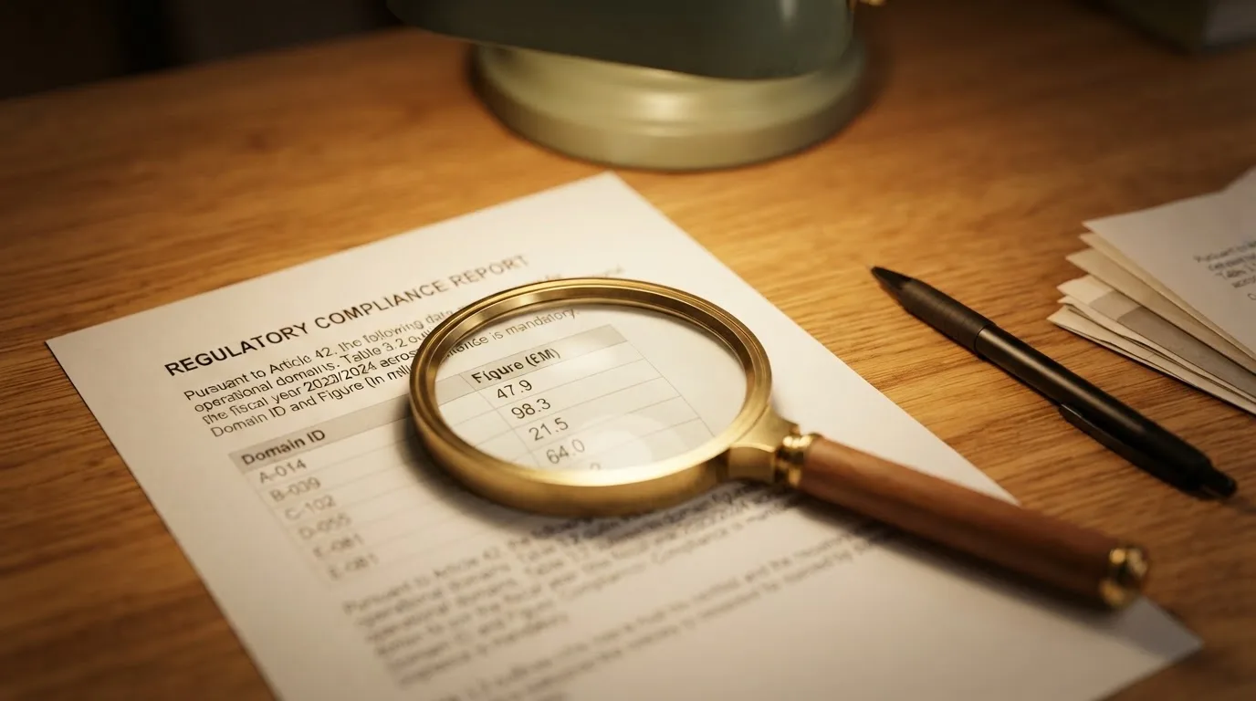 A magnifying glass rests over a printed regulatory certificate on a wooden desk.