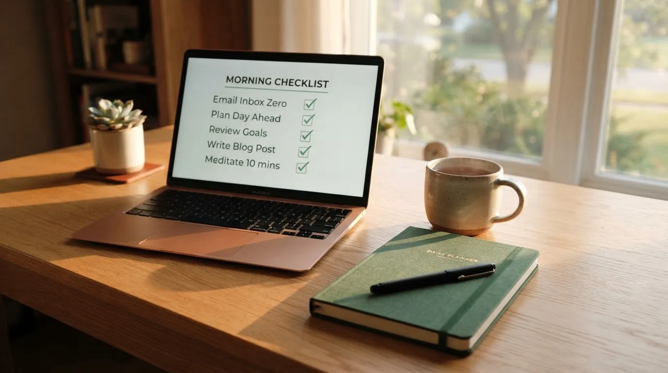 A tidy desk with a notebook, a mug of tea and a laptop open to a checklist, morning light through a window.