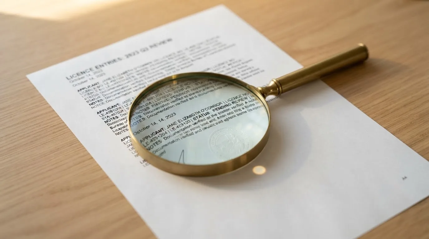 A magnifying glass rests over a printed regulatory certificate on a wooden desk.