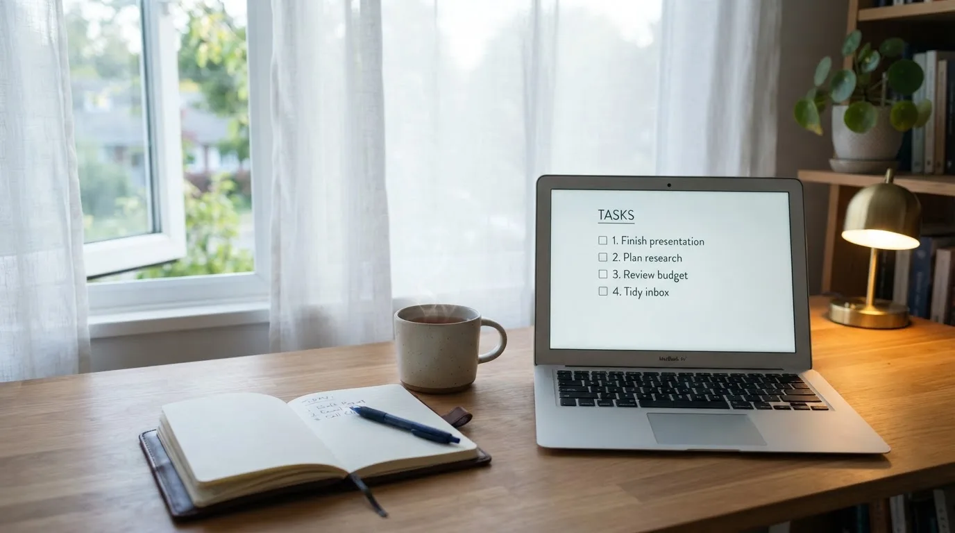 A tidy desk with a notebook, a mug of tea and a laptop open to a checklist, morning light through a window.