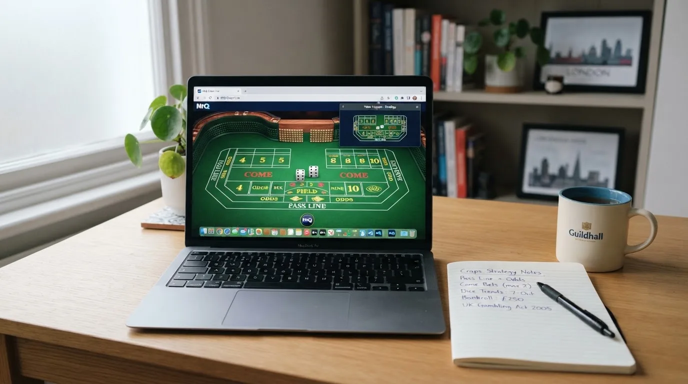 A laptop on a home desk showing a UK online casino comparison page open beside a notepad, with a craps table layout diagram on a laptop visible in a browser tab list
