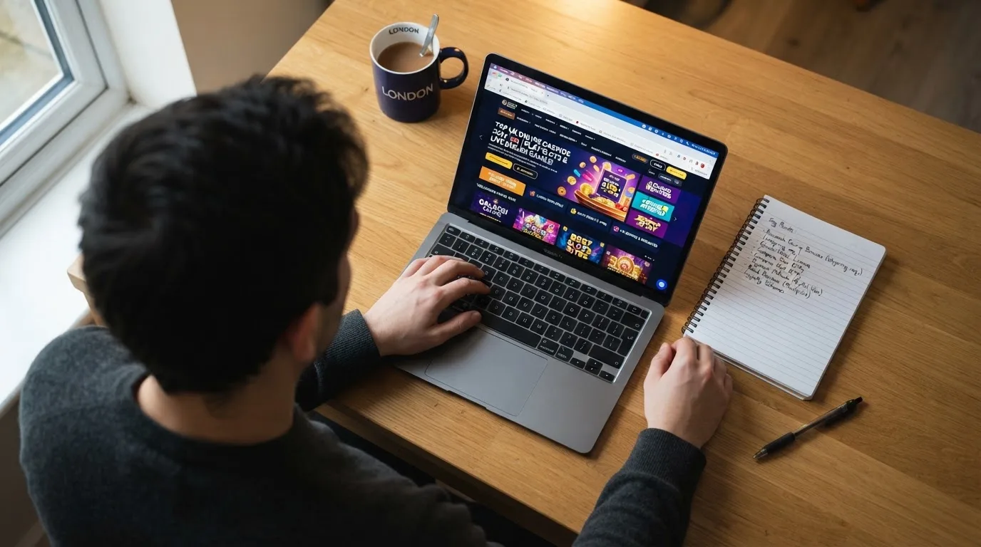 A laptop on a home desk showing a UK online casino comparison page open beside a notepad, with a laptop showing a foreign-registered website's homepage visible in a browser tab list