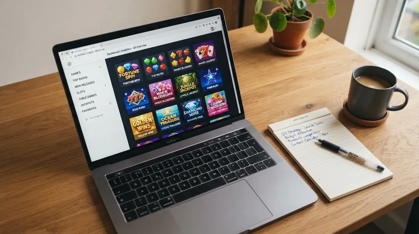 A laptop on a home desk showing a UK online casino comparison page open beside a notepad, with a laptop showing an international casino homepage in a browser visible in a browser tab list