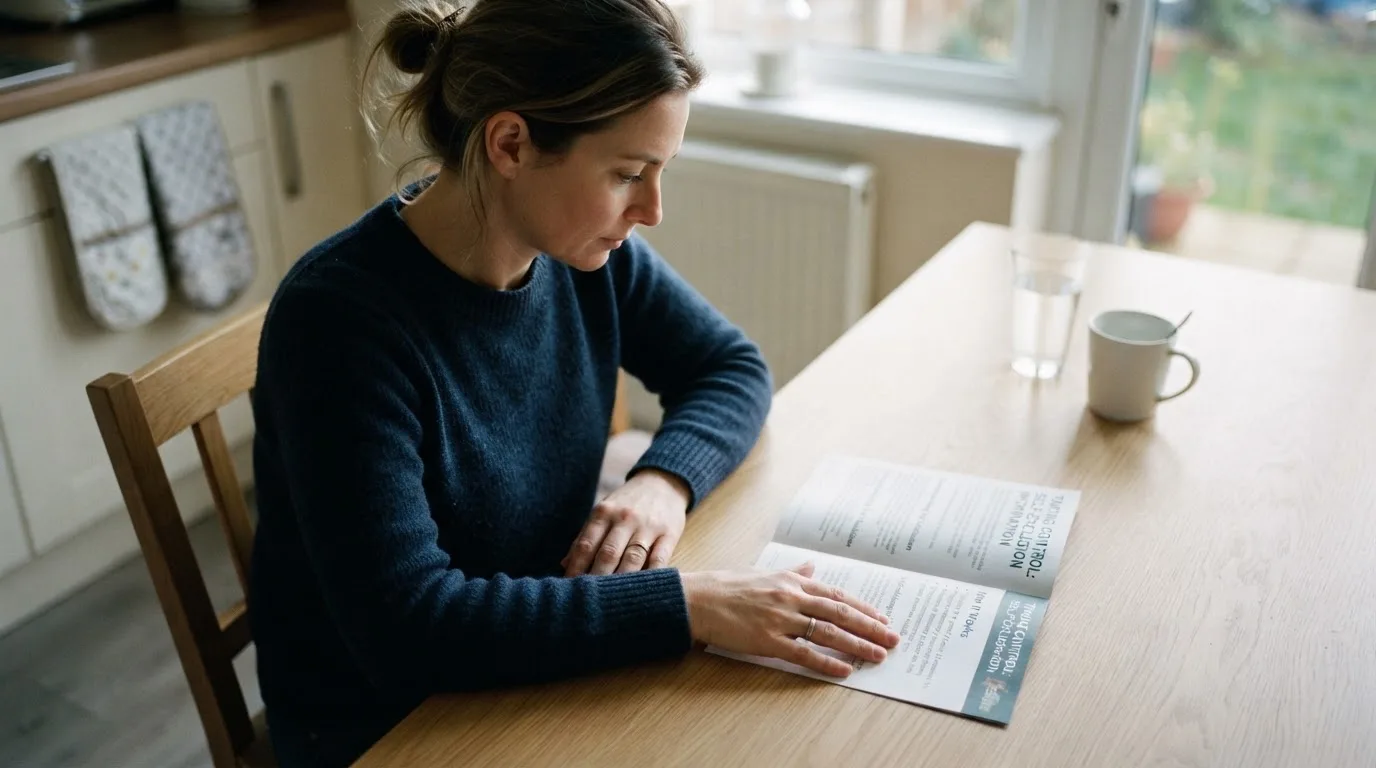 A person reading a self-exclusion leaflet at a kitchen table
