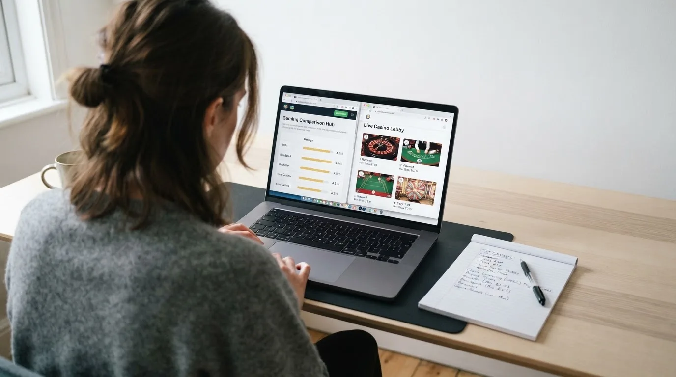 A laptop on a home desk showing a UK online casino comparison page open beside a notepad, with a laptop showing a live casino lobby with several table thumbnails visible in a browser tab list