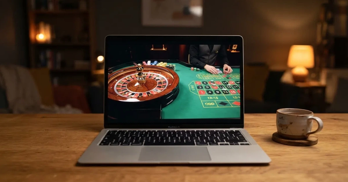 A live dealer roulette wheel streamed to a laptop screen